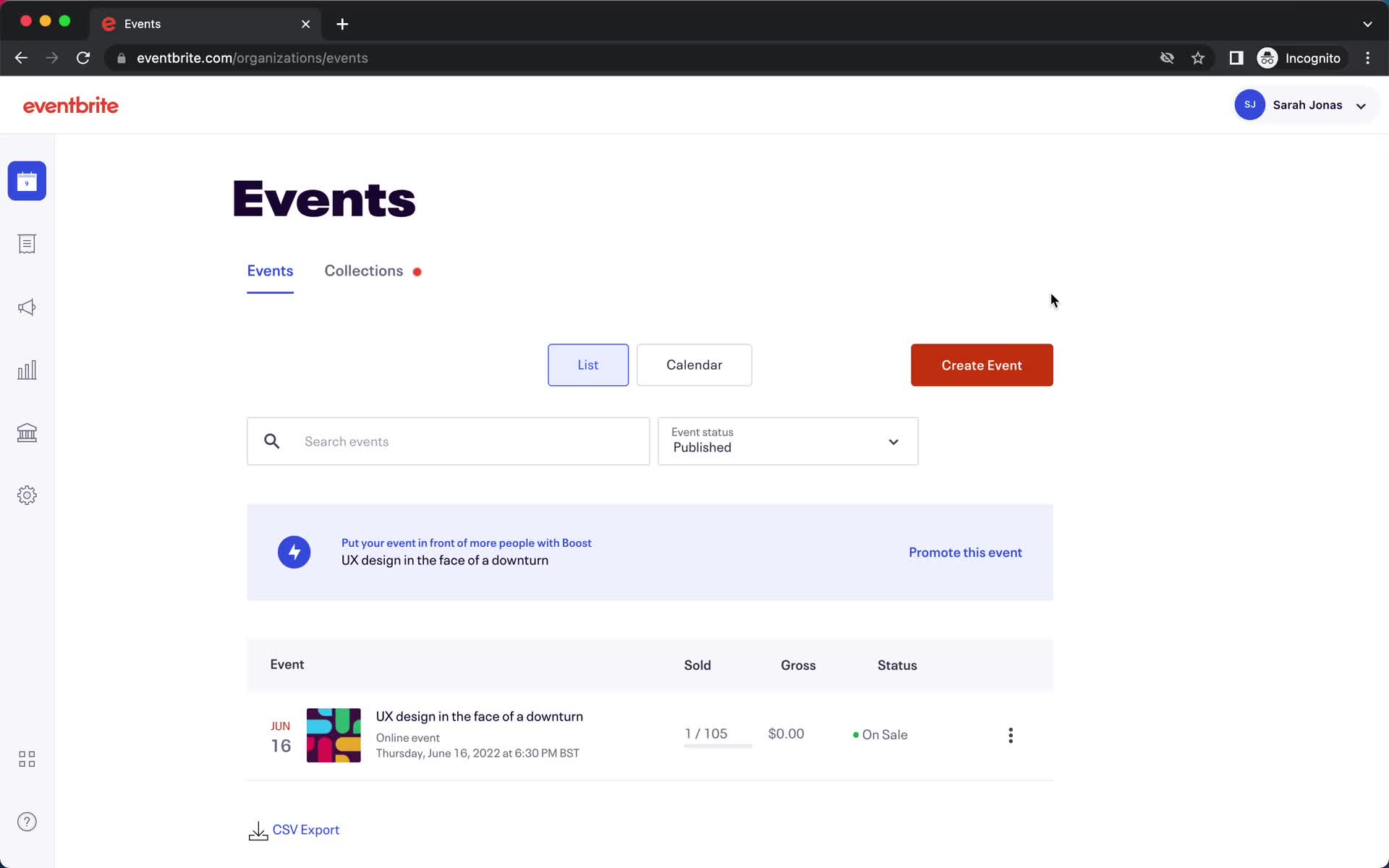 Screenshot of My events on Promo codes on Eventbrite user flow