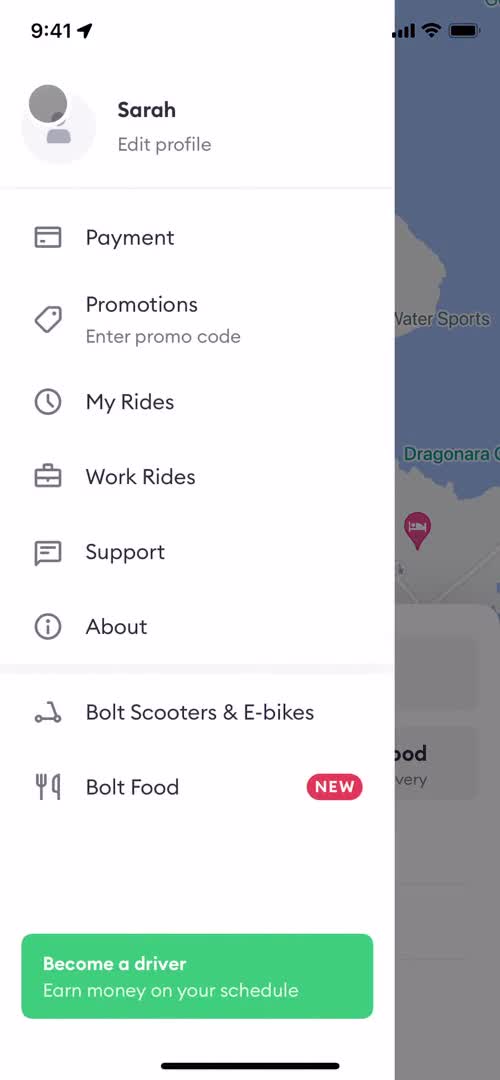 Screenshot of Navigation menu on Promo codes on Bolt user flow