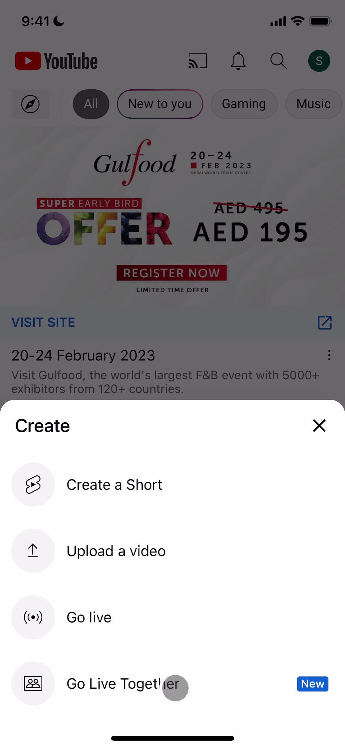 Screenshot of Create menu on Sharing a video on YouTube user flow