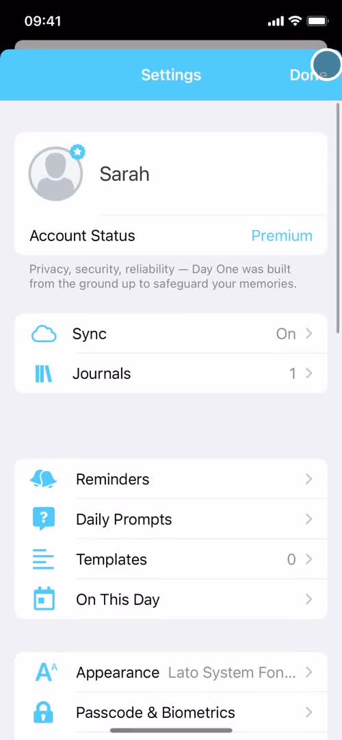 Screenshot of Settings on Reminders on Day One user flow