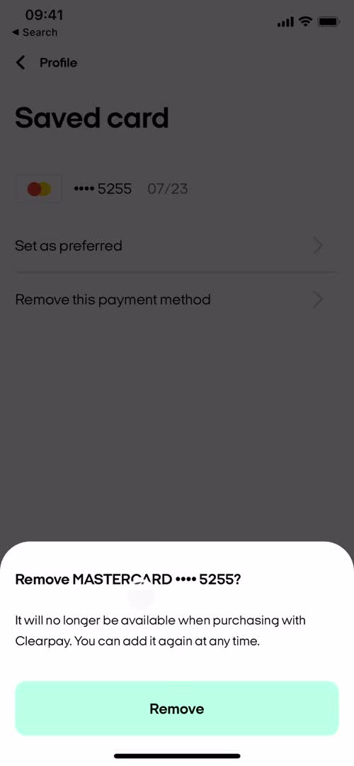 Removing a payment method screenshot