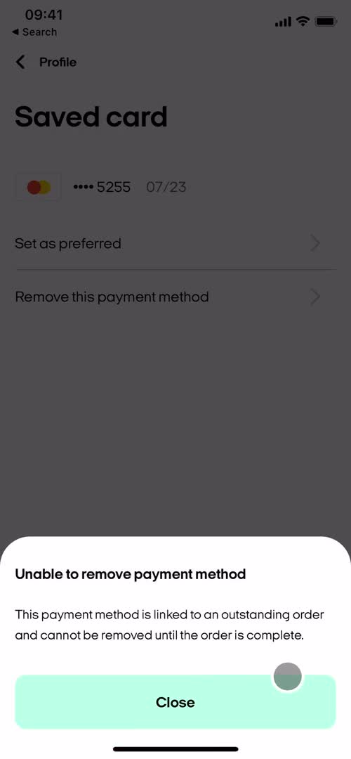 Removing a payment method screenshot