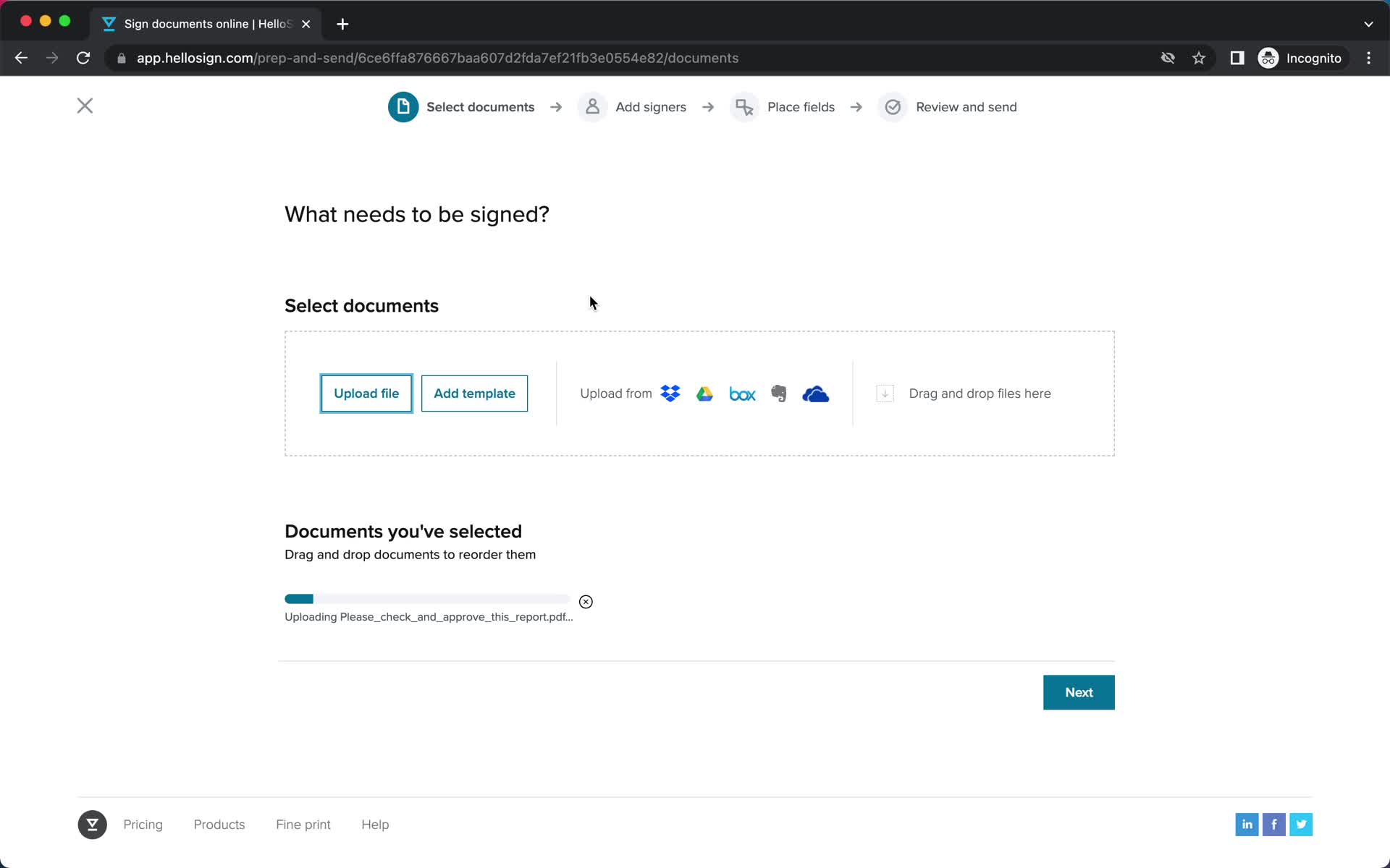 Screenshot of Uploading on Requesting a signature on HelloSign user flow