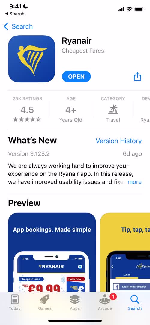 Screenshot of App store during Onboarding on Ryanair user flow