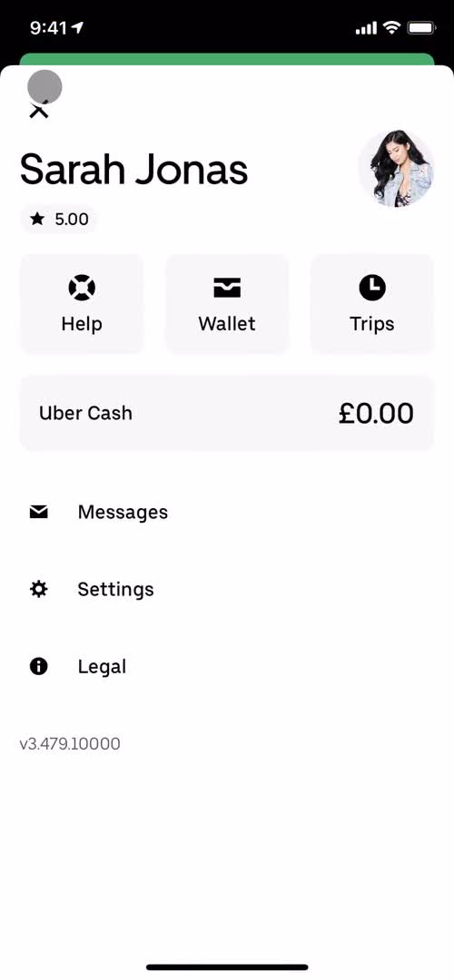 Screenshot of Navigation menu on Saved places on Uber user flow