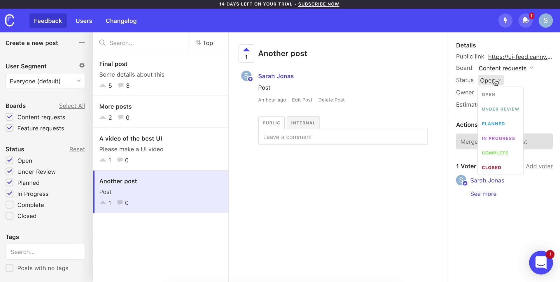 Managing feedback screenshot