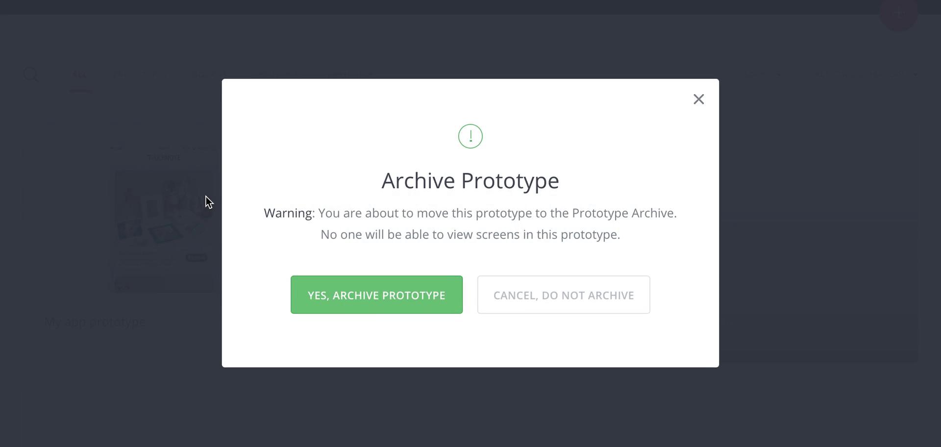 Screenshot of Confirm archive on Managing files on InVision user flow