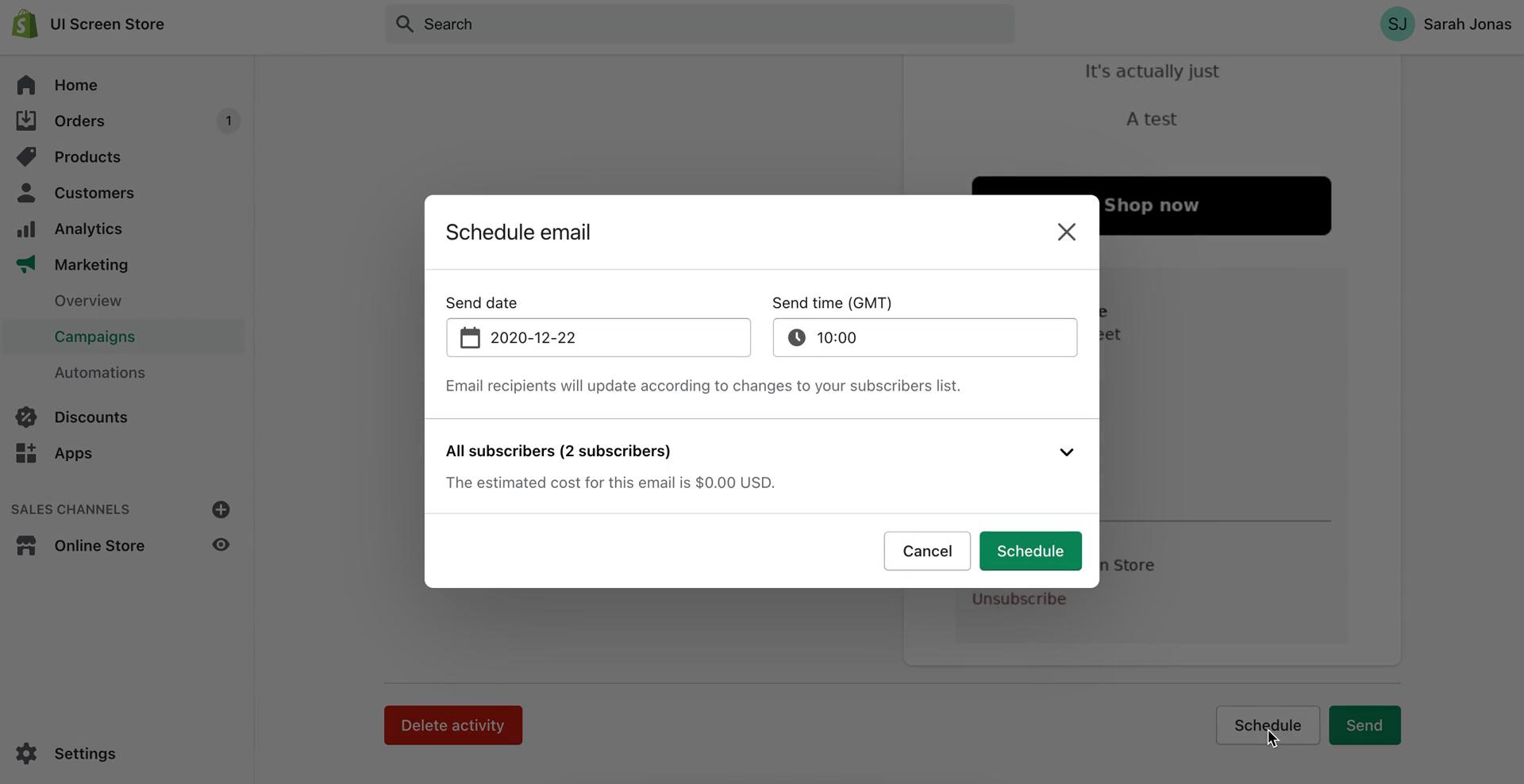 Creating an email campaign screenshot