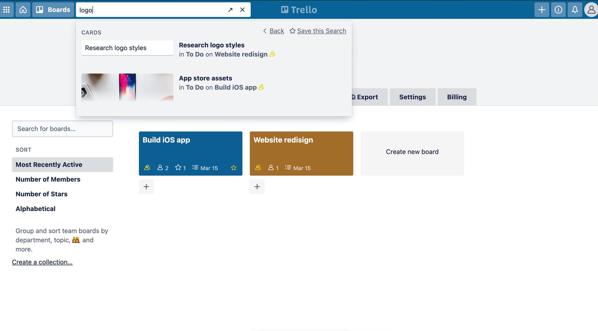 Screenshot of Search results on Searching on Trello user flow