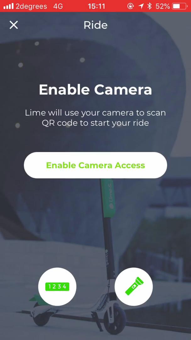 Screenshot of Enable camera on Booking transport on Lime user flow