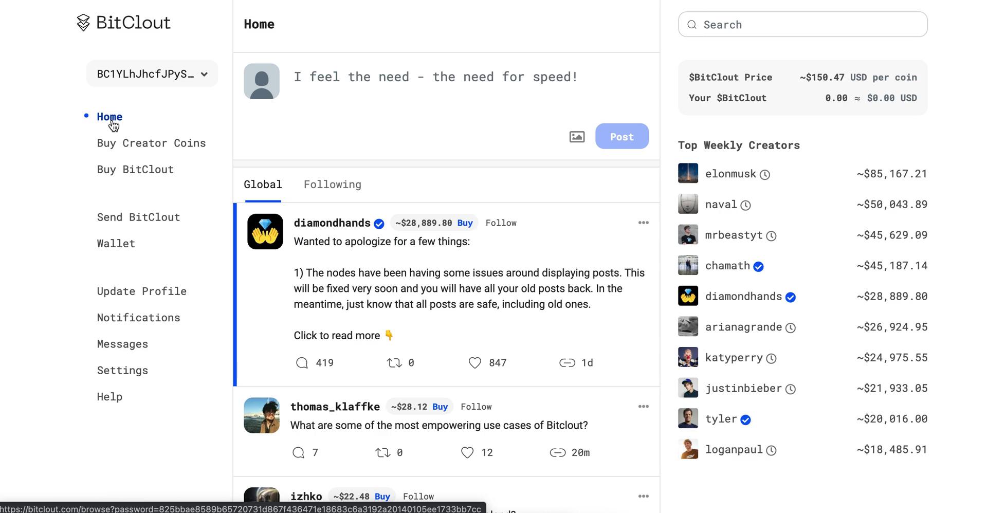 BitClout home feed screenshot