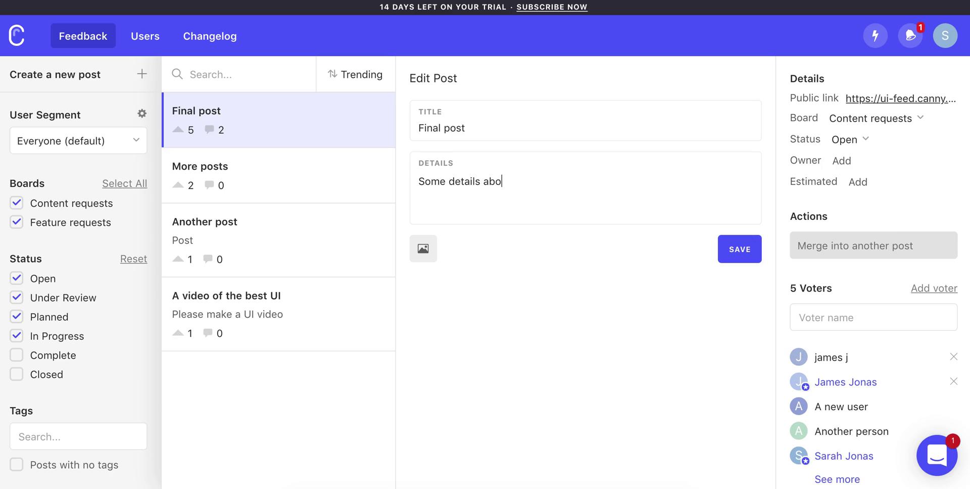 Managing feedback screenshot