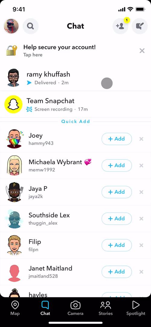 Screenshot of Chat on Searching on Snapchat user flow