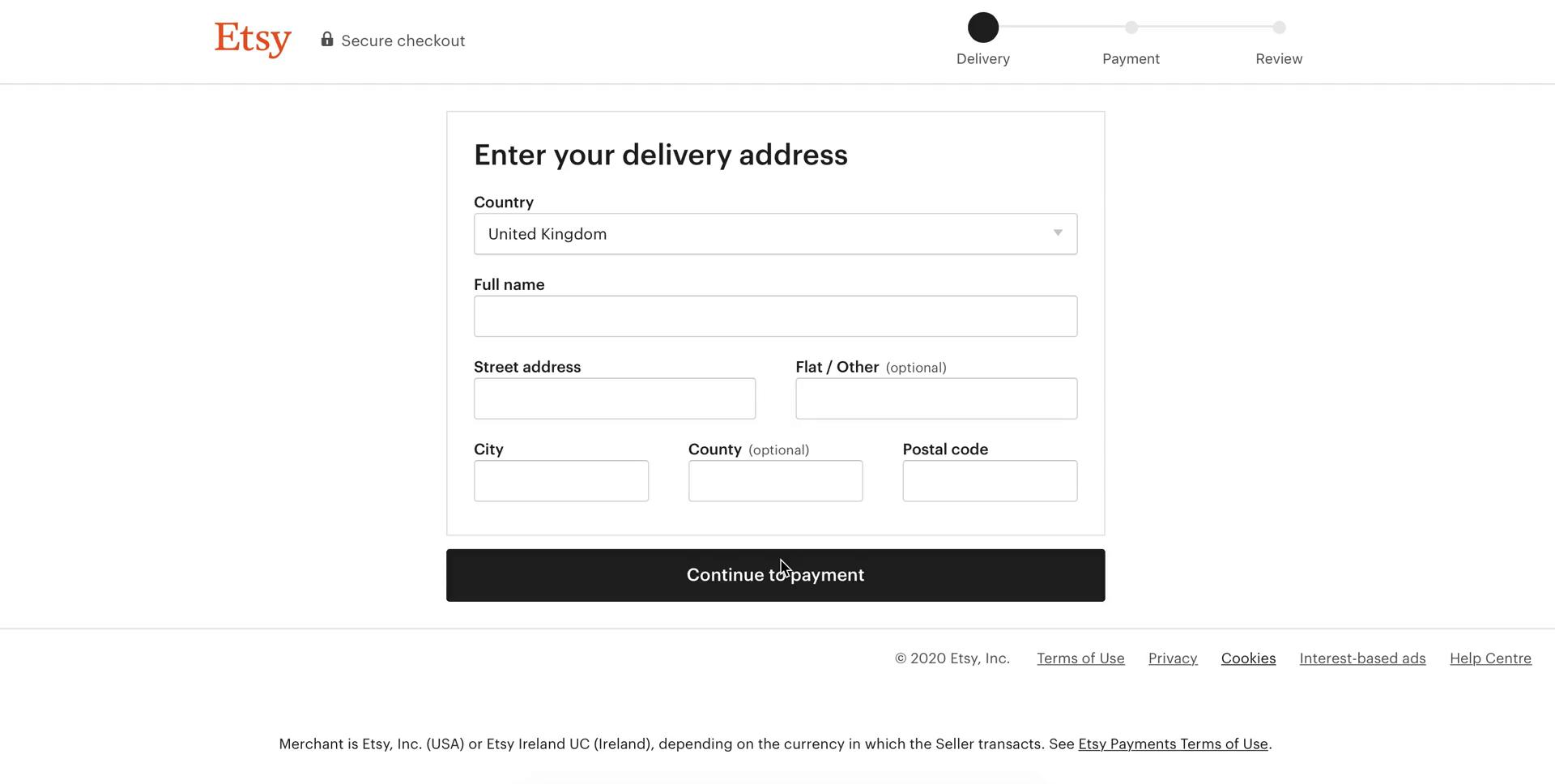 Etsy add delivery address screenshot