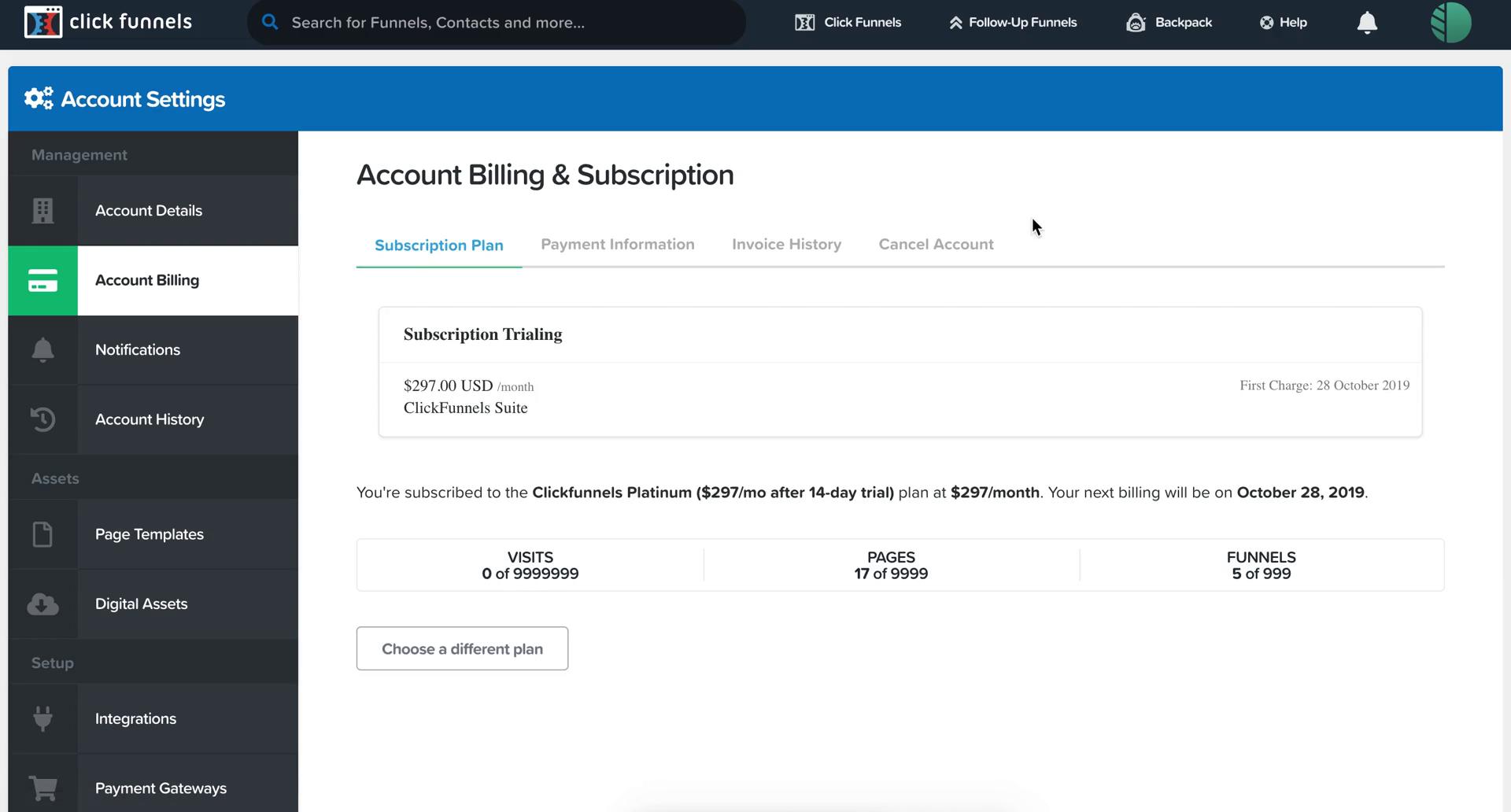 Screenshot of Billing on Downgrading your account on ClickFunnels user flow