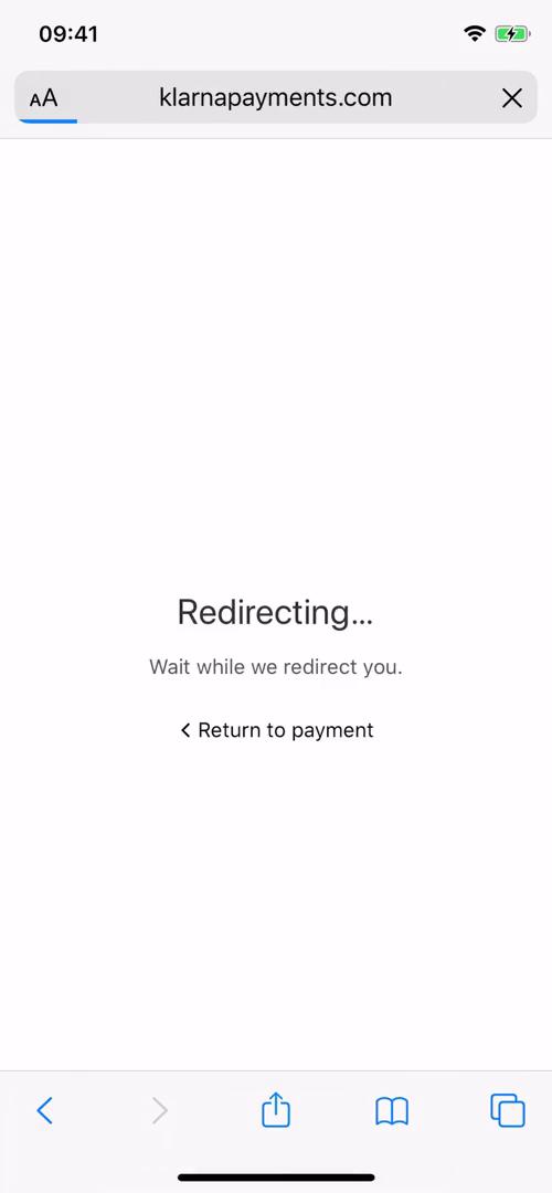 Screenshot of Redirecting during Buying something on Klarna user flow