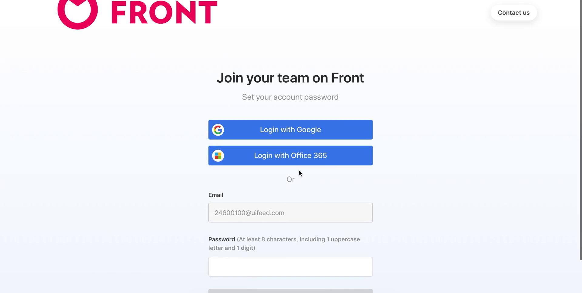 Screenshot of Sign up on Accepting an invite on Front user flow