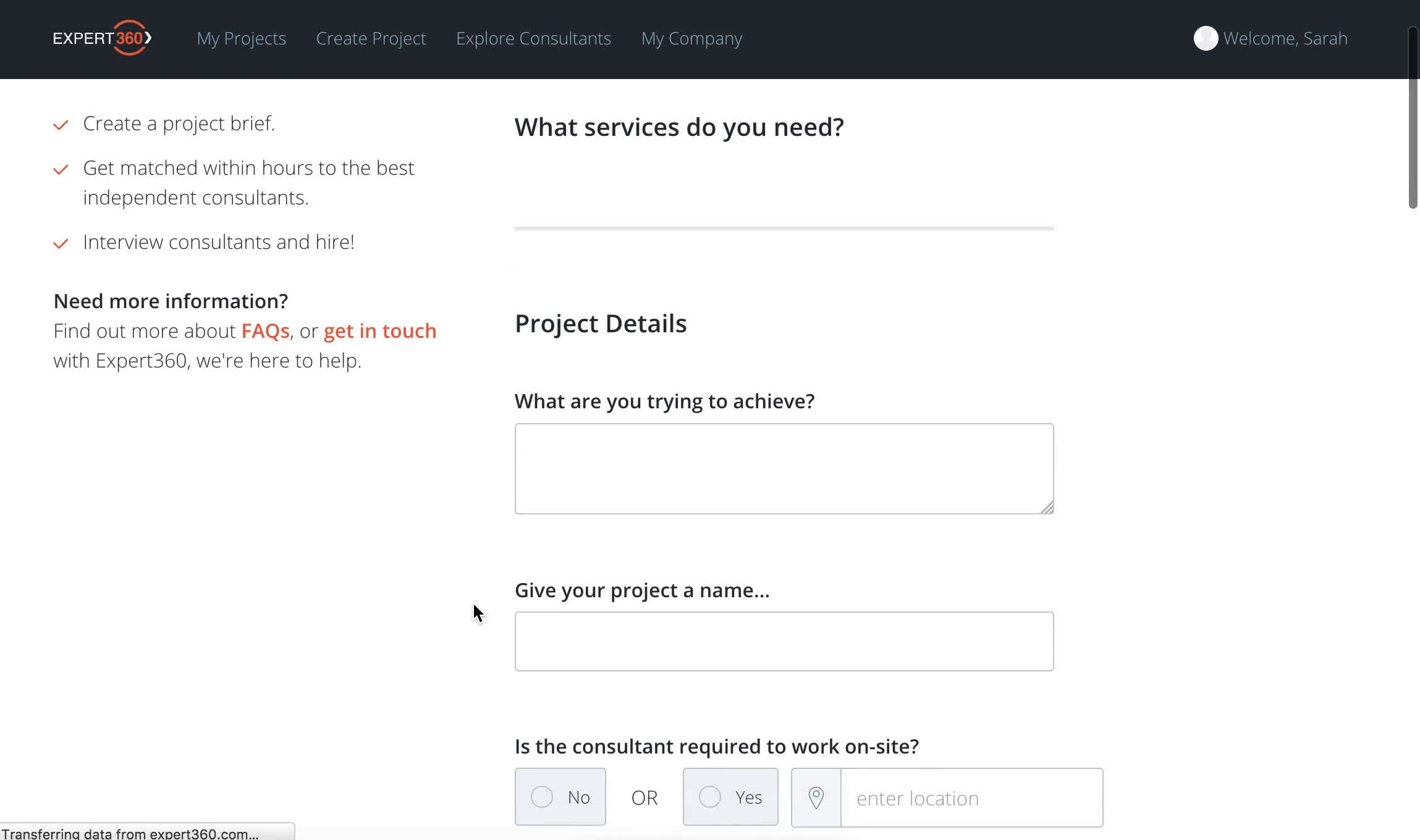 Screenshot of on Creating a project on Expert360 user flow