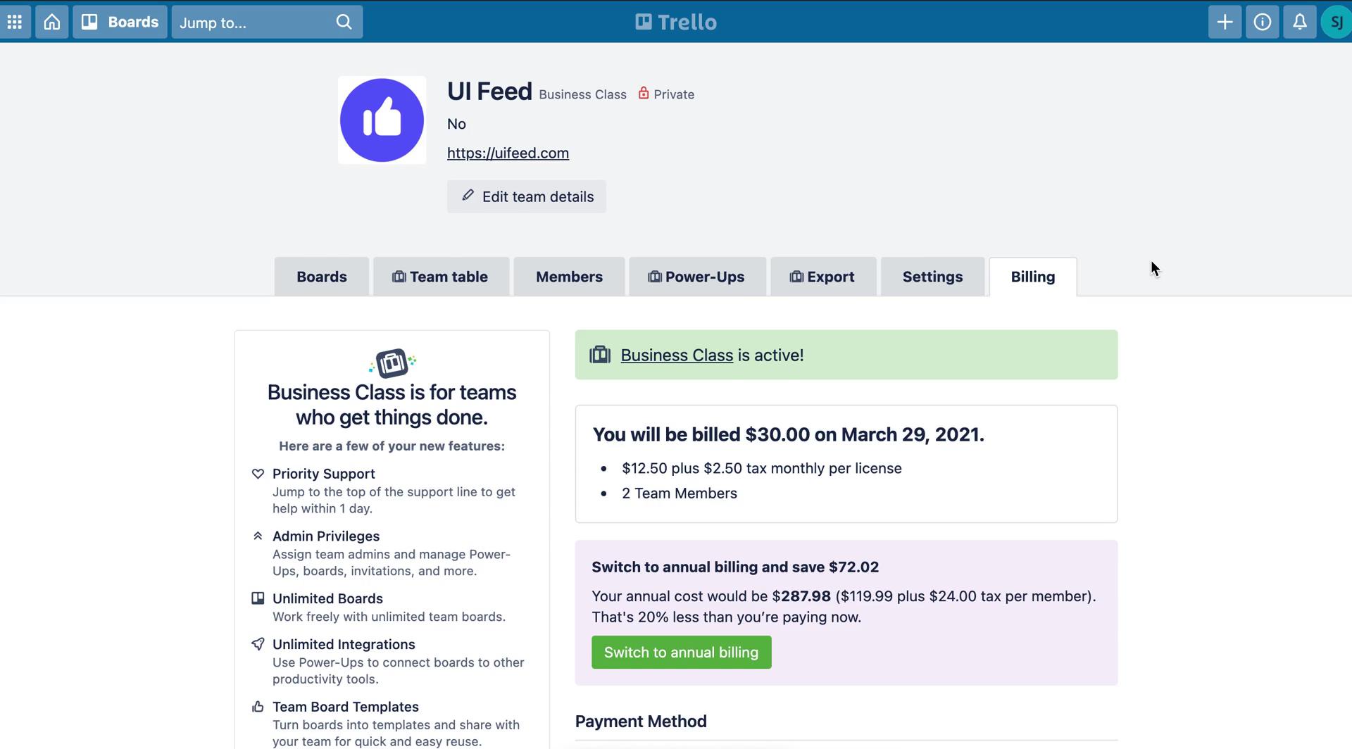 Screenshot of Billing on Cancelling your subscription on Trello user flow