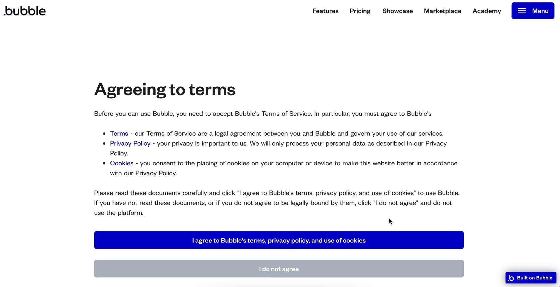 Bubble agree to terms screenshot