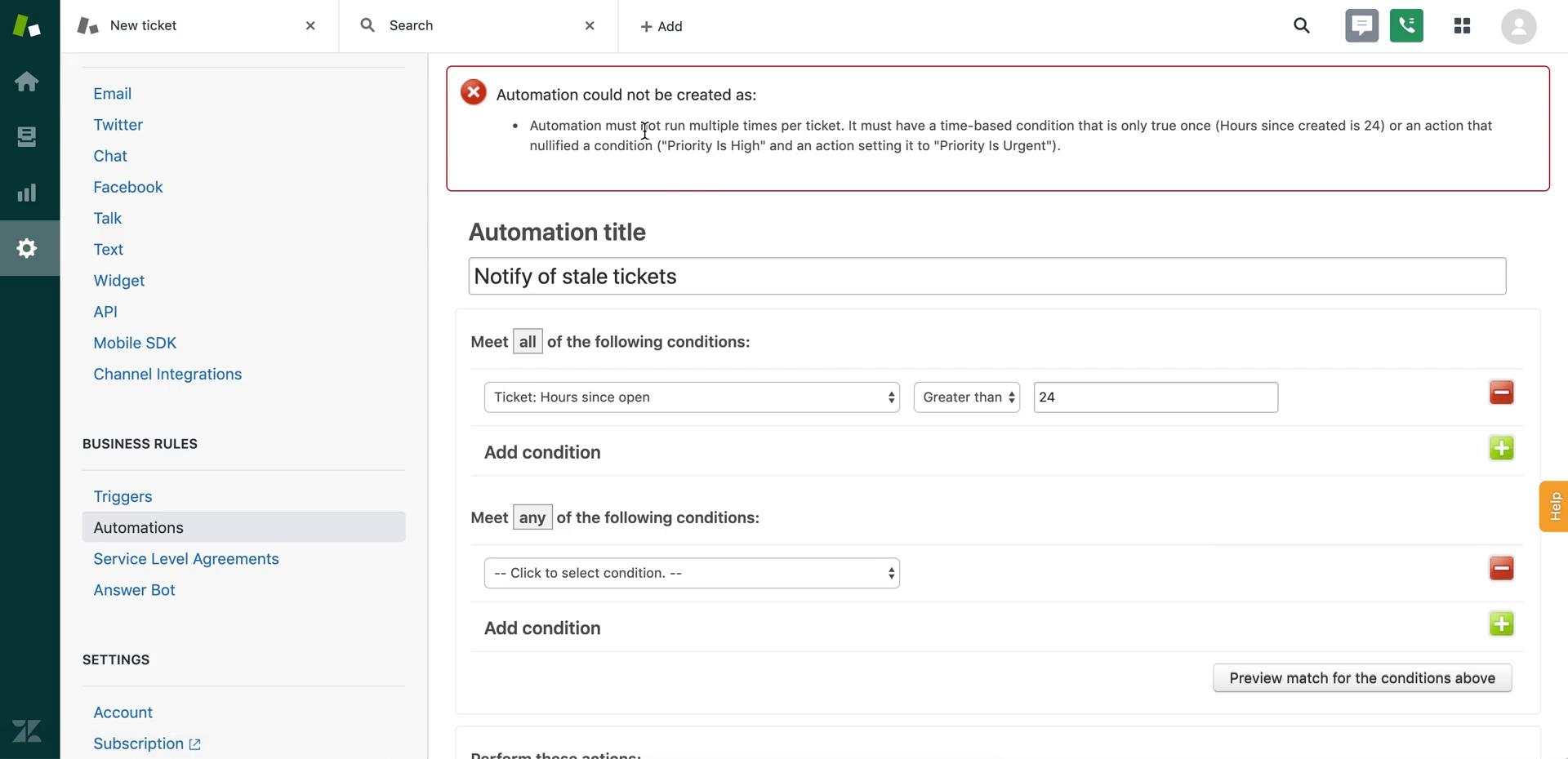 Creating an automation workflow screenshot