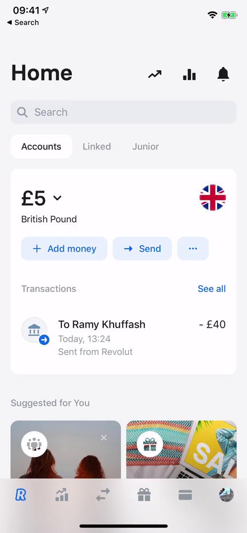Screenshot of Home on Activity feed on Revolut user flow