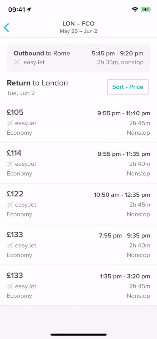 Finding flights screenshot