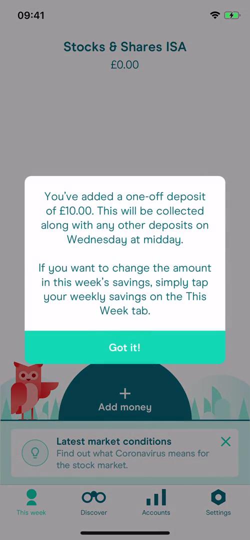 Screenshot of Money added on Depositing funds on Moneybox user flow