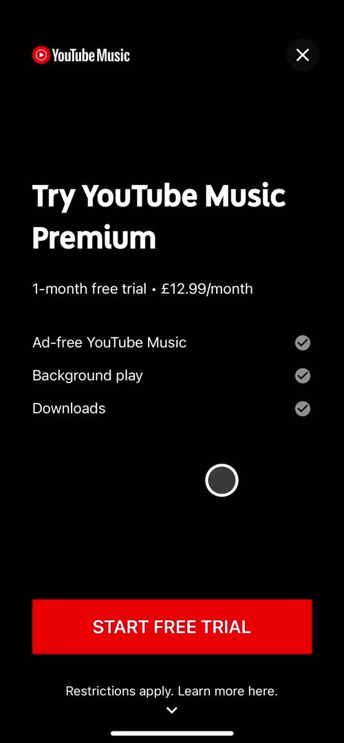 YouTube Music start trial screenshot