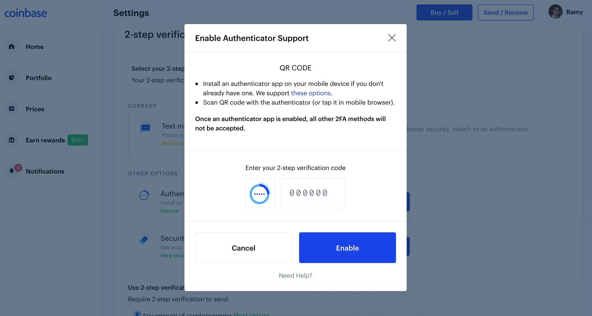 Enabling 2FA screenshot