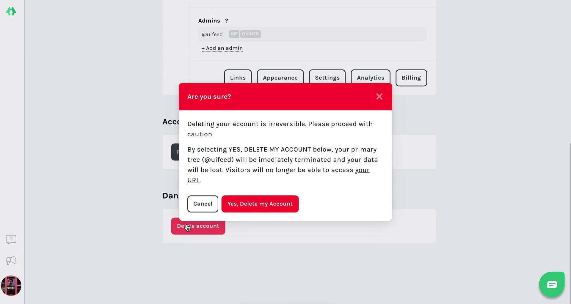 Screenshot of Confirm delete on Deleting your account on Linktree user flow