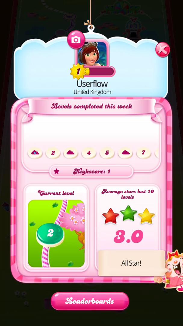 Screenshot of on Leaderboards on Candy Crush user flow