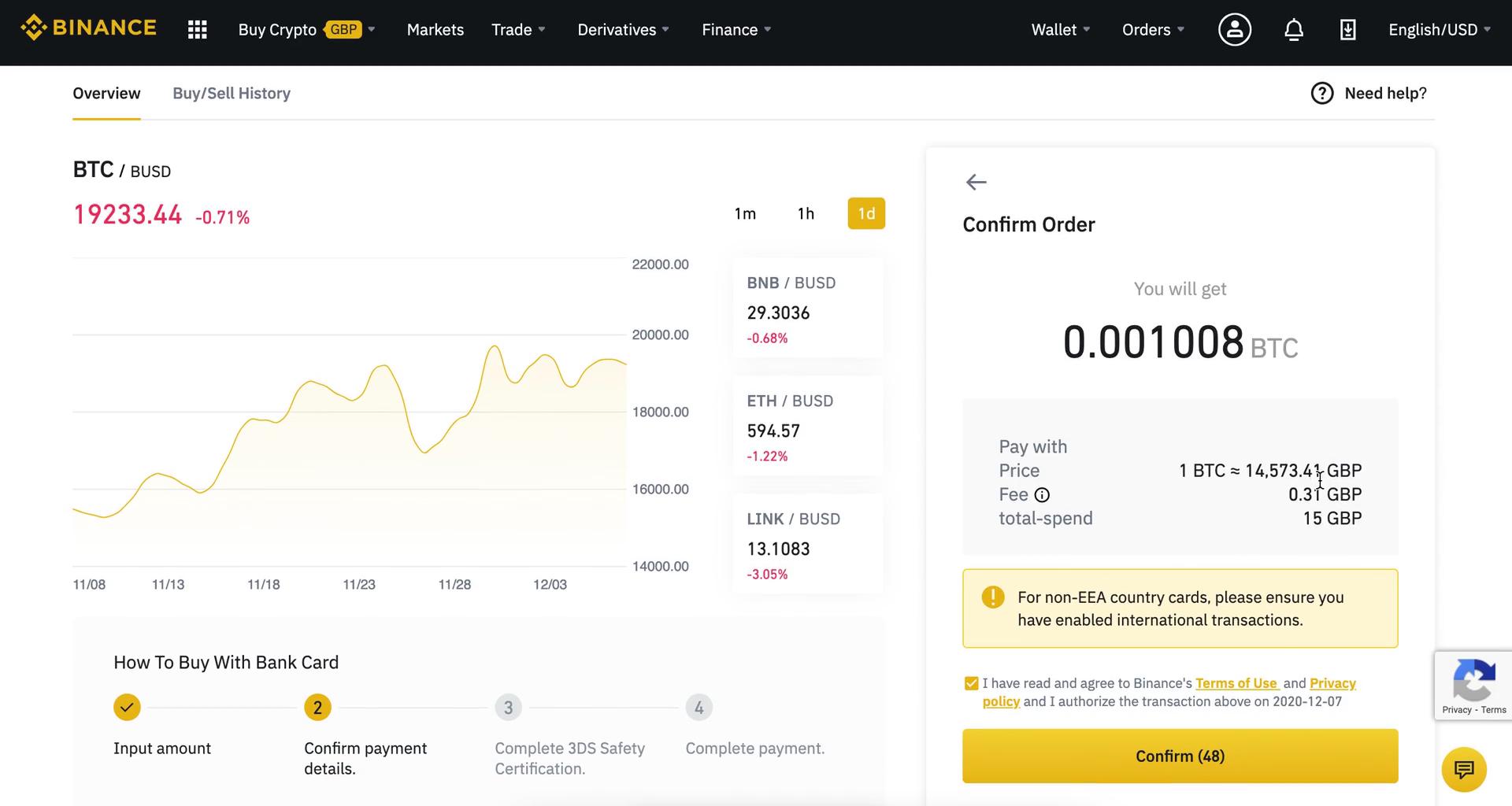 Screenshot of Confirm purchase on Buying crypto currency on Binance user flow
