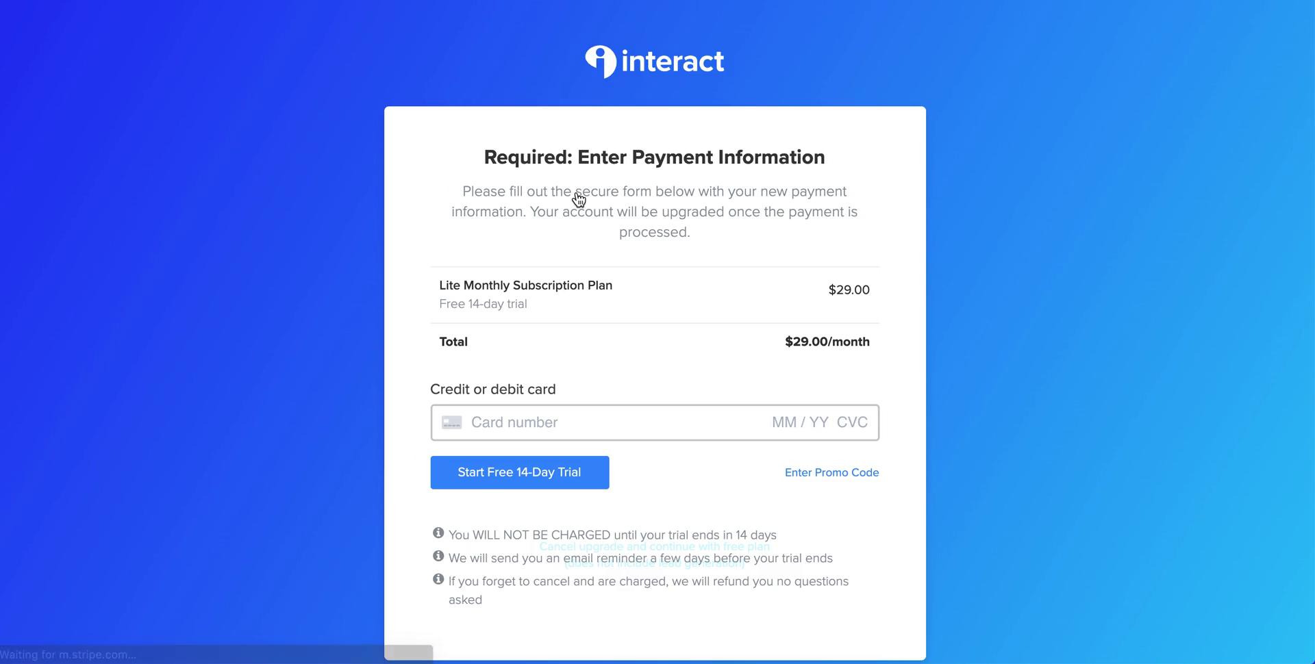 Screenshot of Add payment details on Upgrading your account on Interact user flow