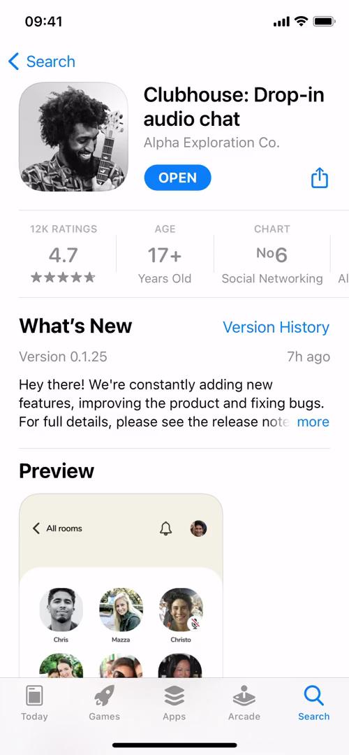 Screenshot of App store listing on Onboarding on Clubhouse user flow