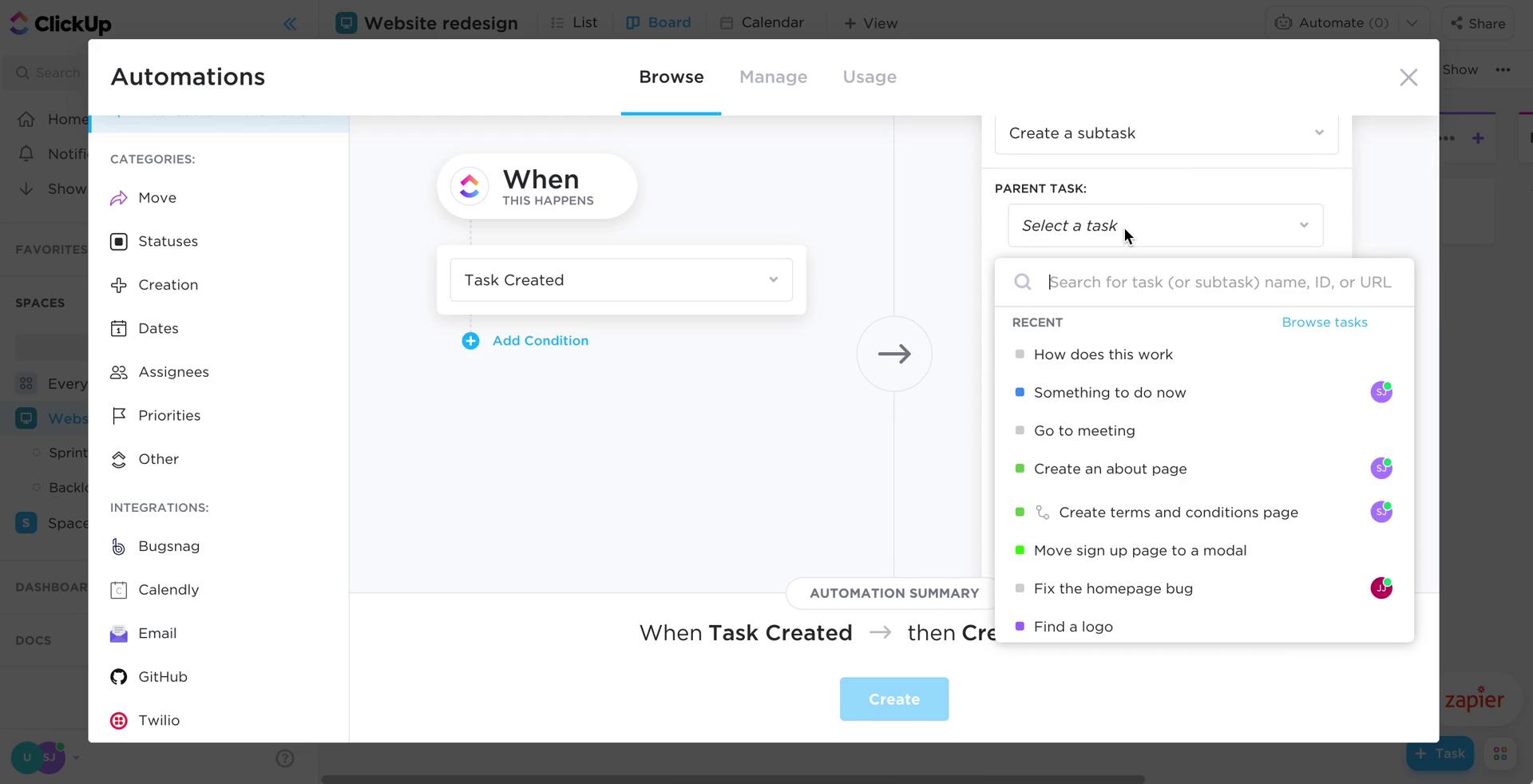 Creating an automation workflow screenshot