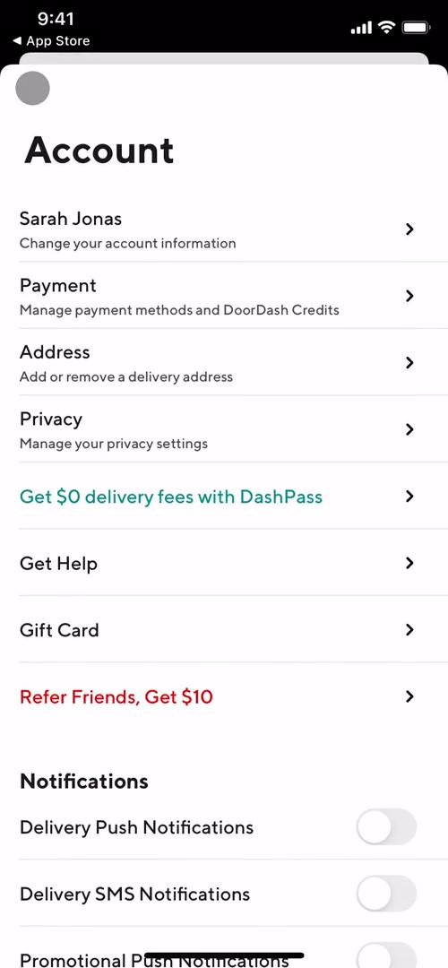 Screenshot of Account on Inviting people on DoorDash user flow