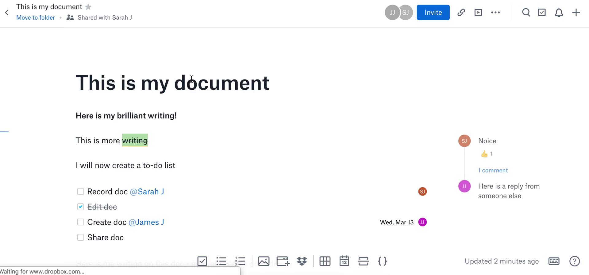 Screenshot of Document on Commenting on Dropbox Paper user flow