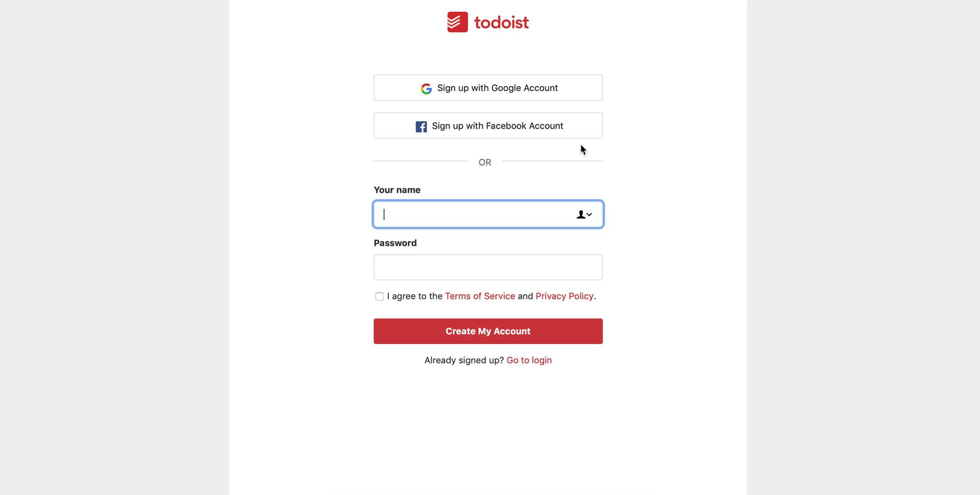 Screenshot of Sign up on Accepting an invite on Todoist user flow