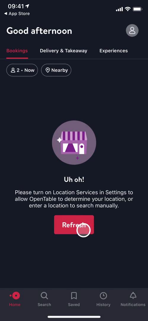 OpenTable error screenshot