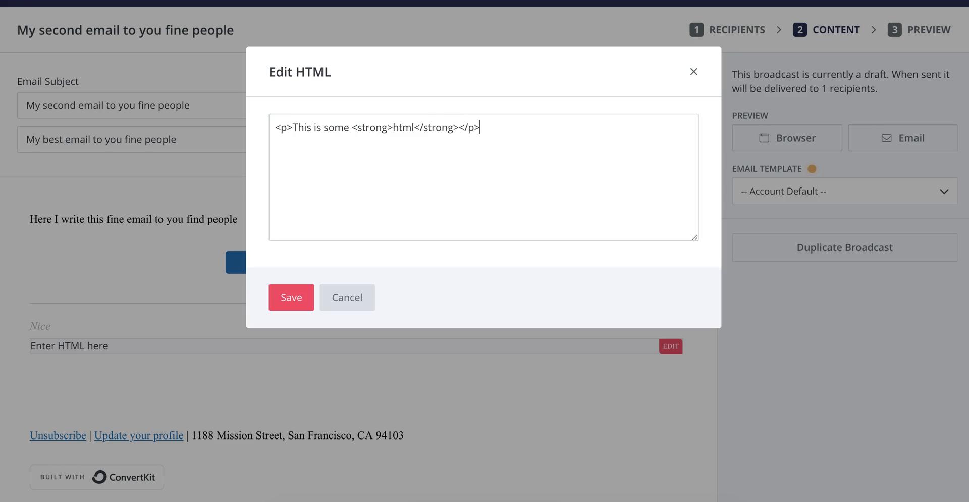 Creating an email campaign screenshot