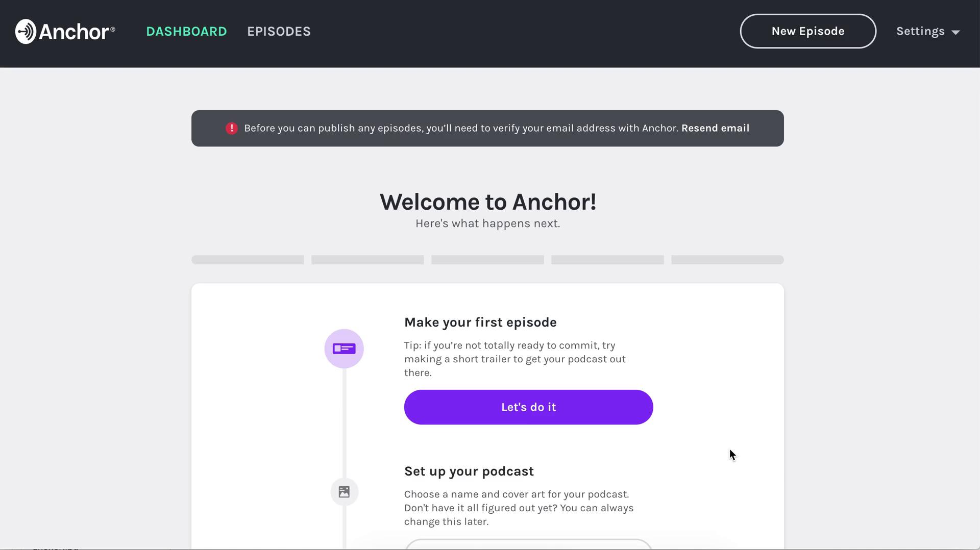 Screenshot of Welcome on Onboarding on Anchor user flow