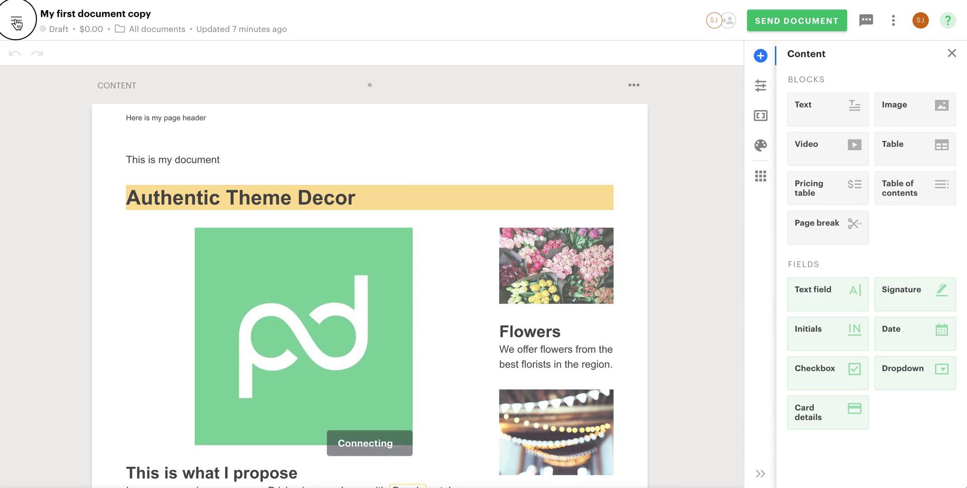 Screenshot of Edit document on Searching on PandaDoc user flow