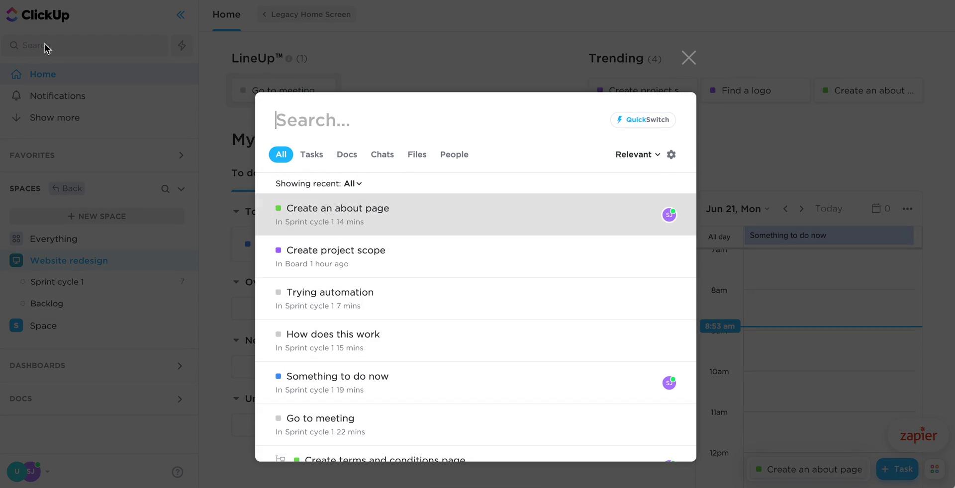 Screenshot of Search on General browsing on ClickUp user flow