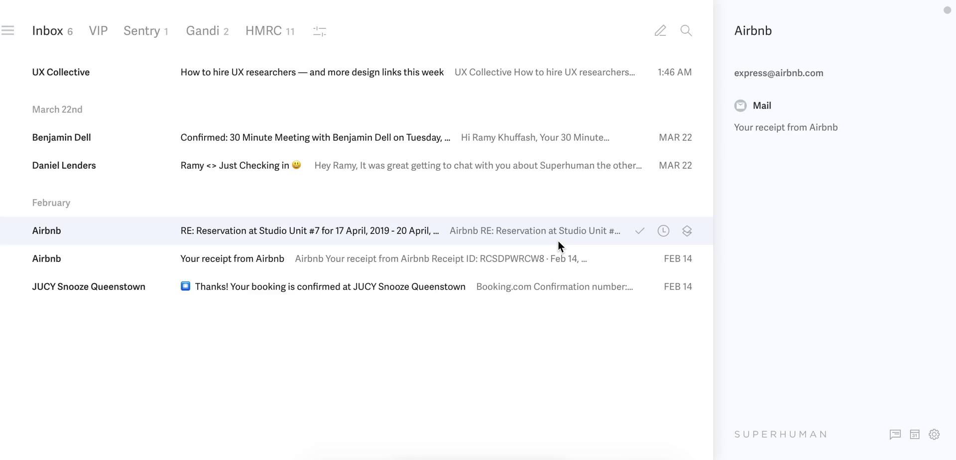 Screenshot of Inbox on Shortcuts on Superhuman user flow