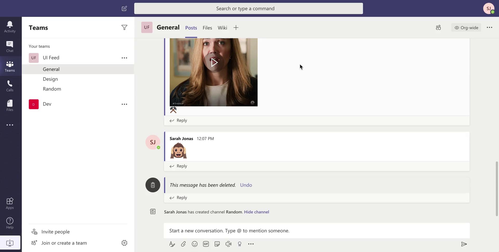Screenshot of Chat channel on Creating a document on Microsoft Teams user flow