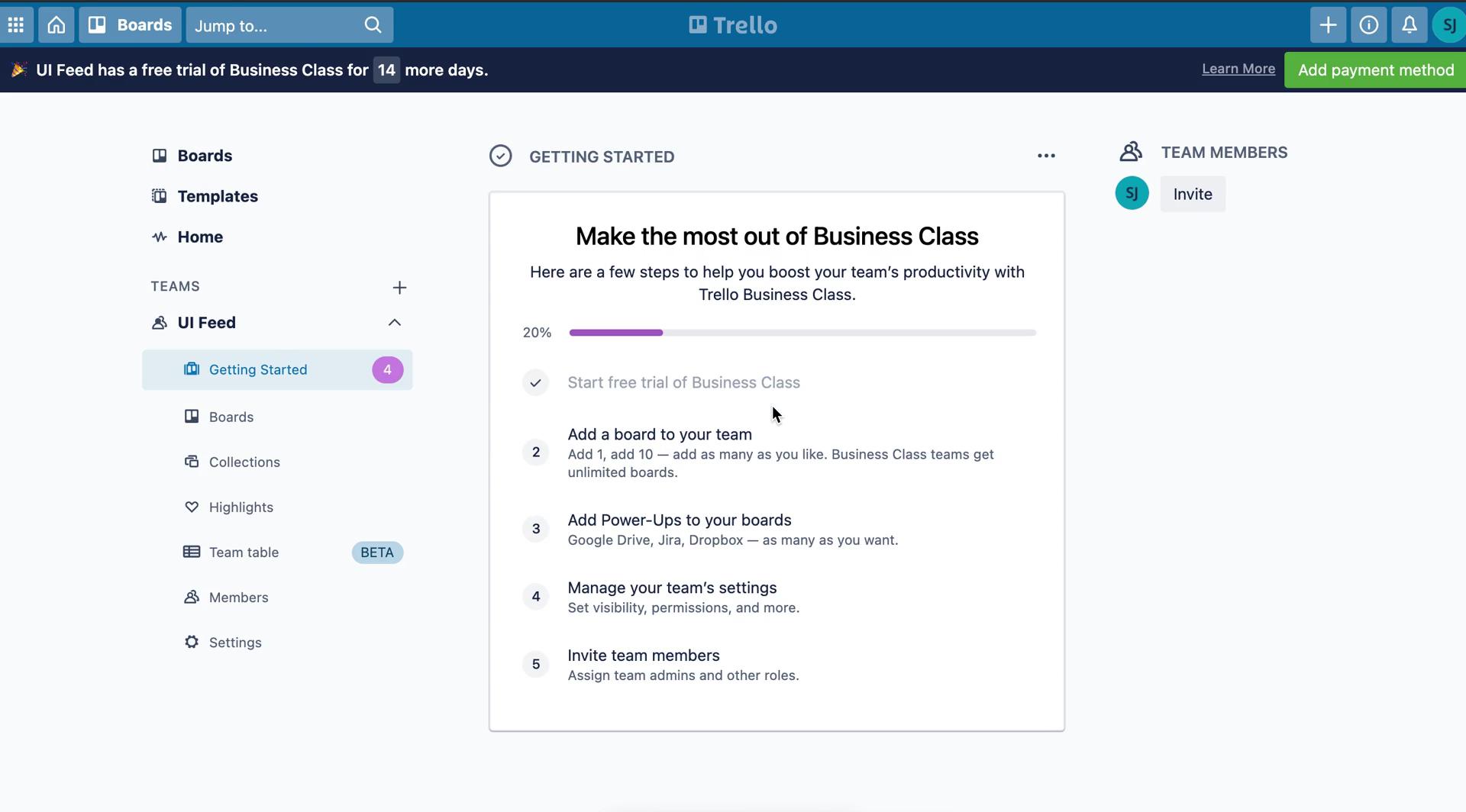 Screenshot of Onboarding tasks on Upgrading your account on Trello user flow