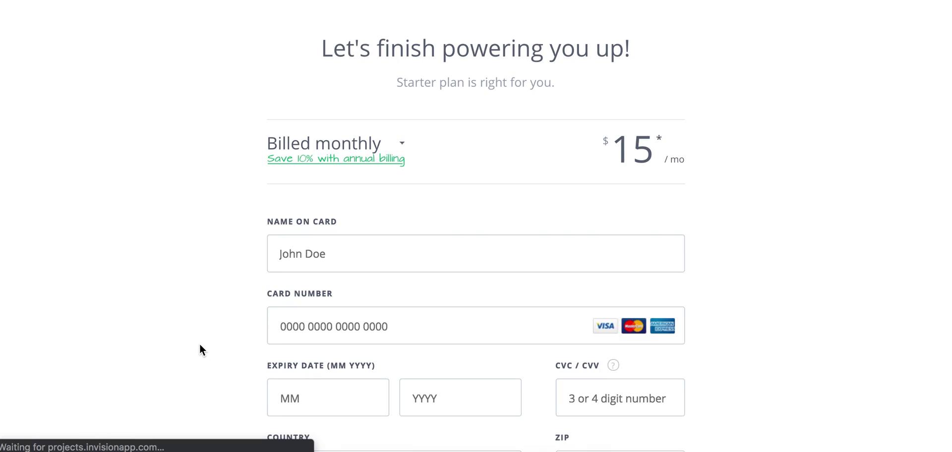 Screenshot of Payment on Upgrading your account on InVision user flow