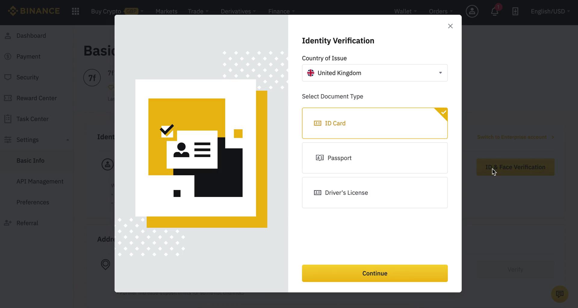 Screenshot of Verify identity on Identity verification on Binance user flow