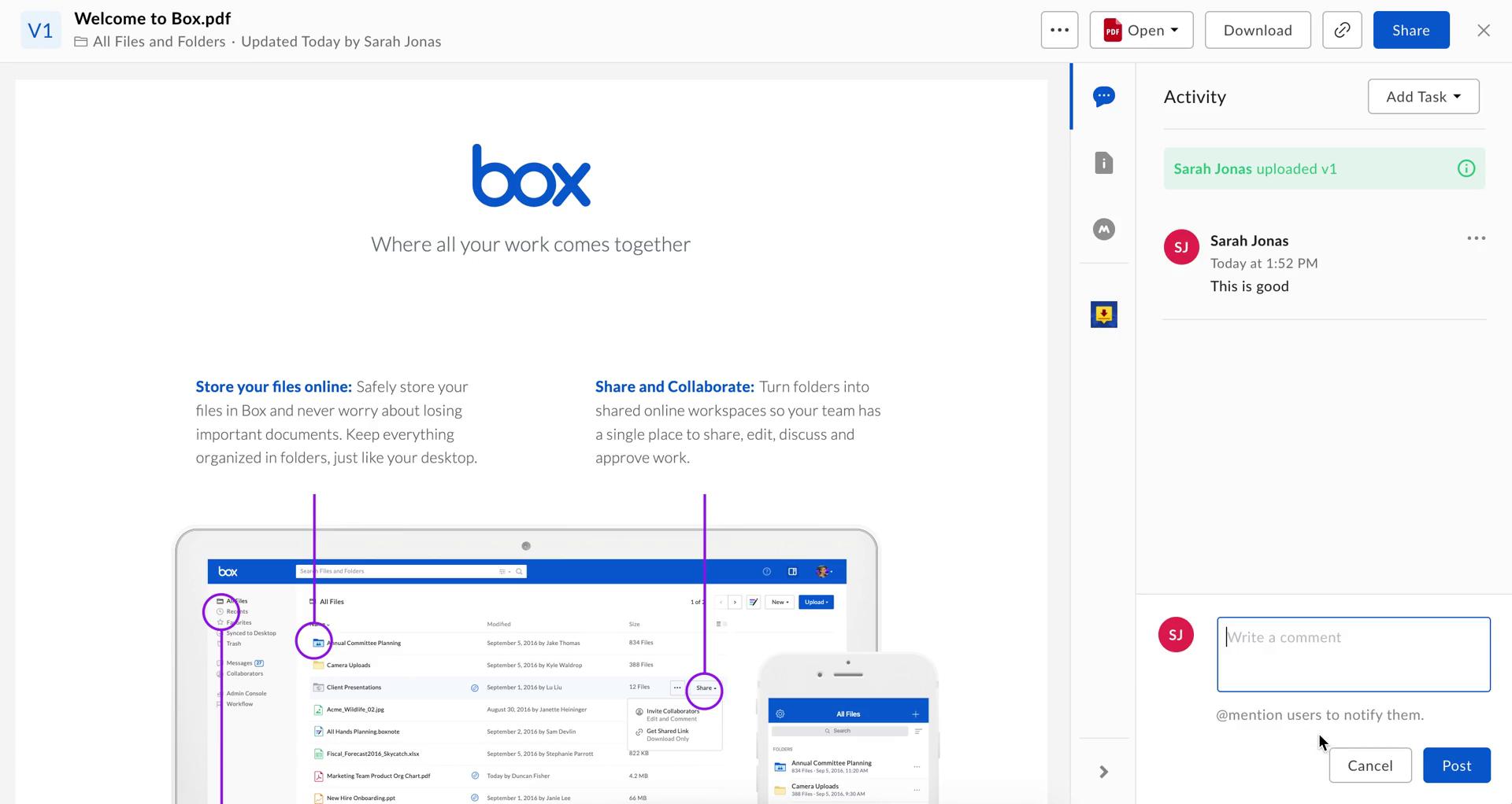 Screenshot of Add comment on Commenting on Box user flow
